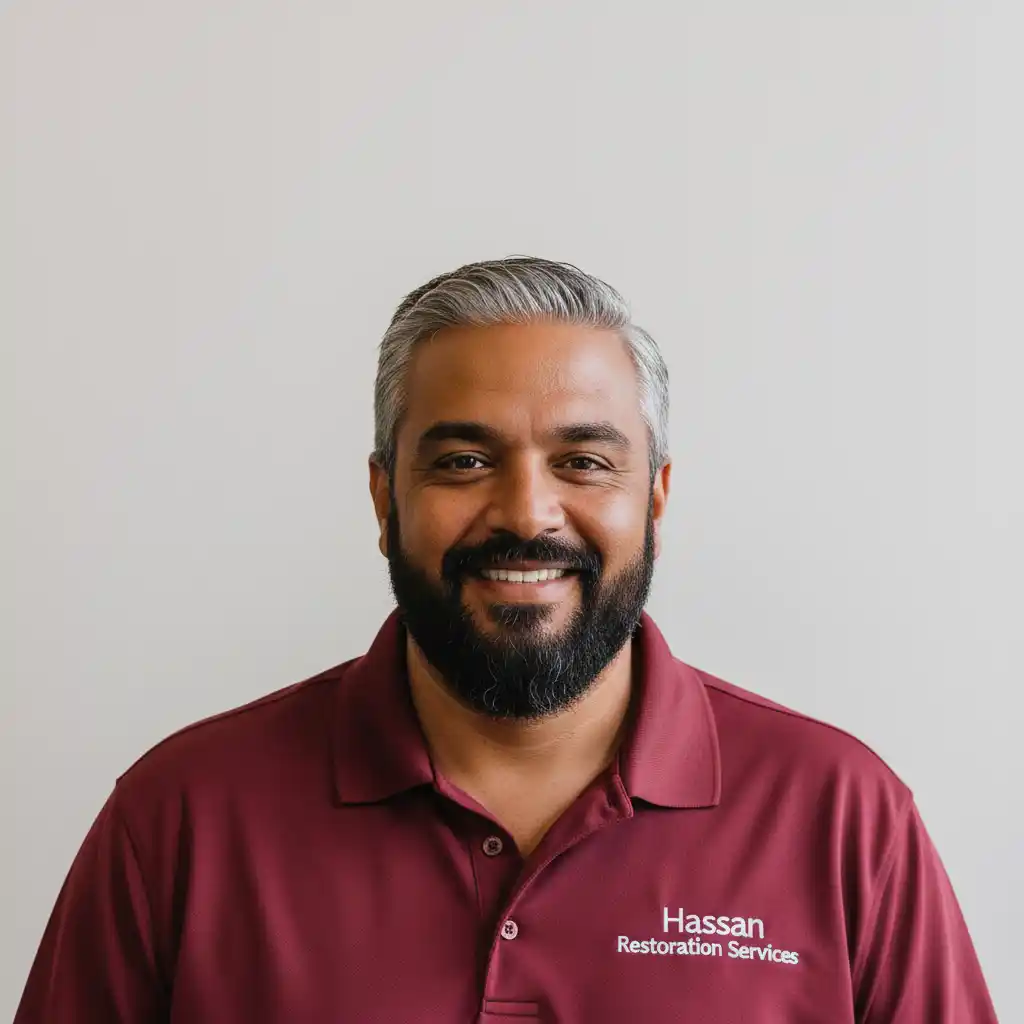 Omar Hassan, Owner of Hassan Restoration Services, standing in front of company office in Phillipsburg
